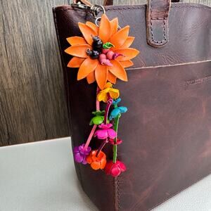 Daisy Flower Leather Bag Charm Genuine Orange Leather Purse Crossbody Keychain